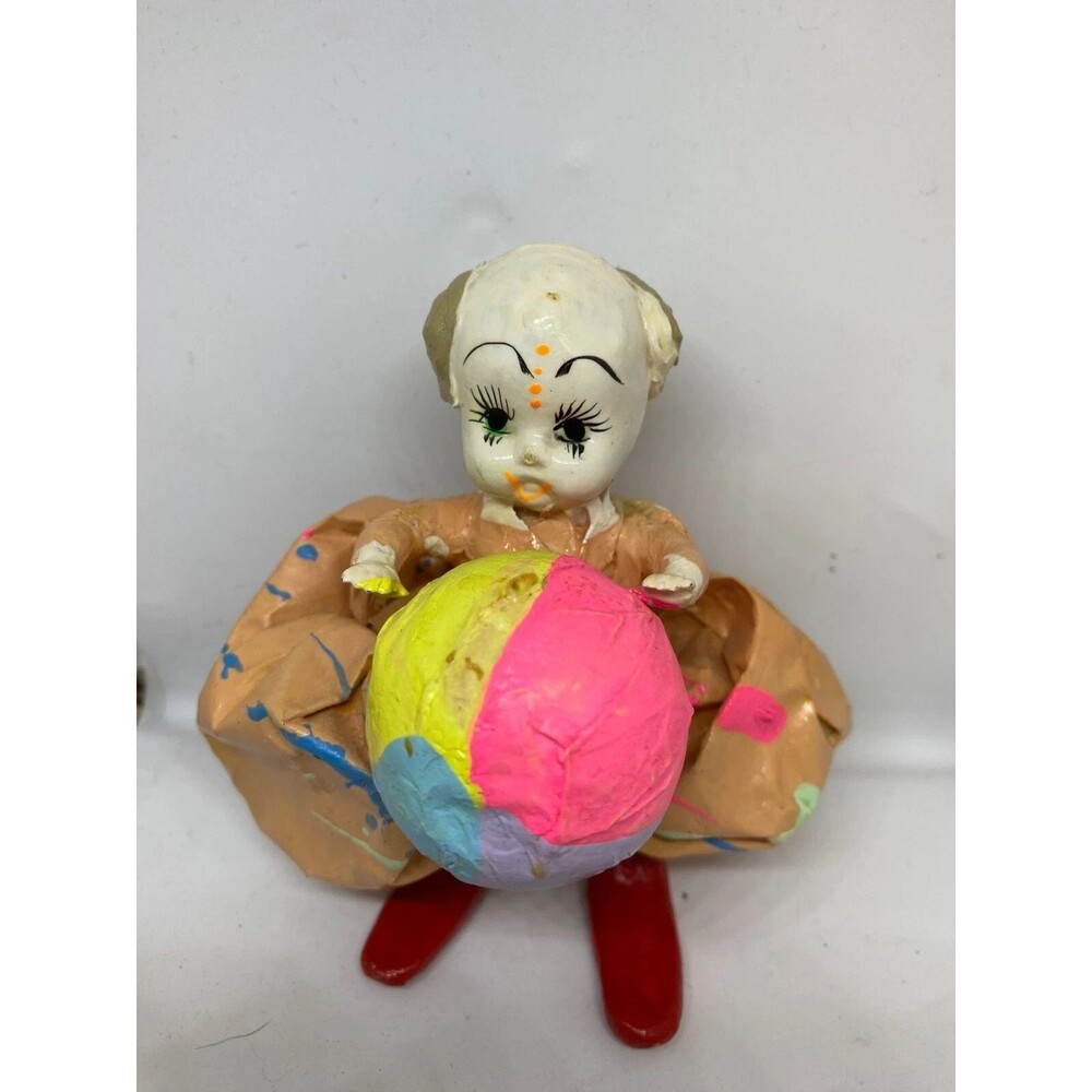 Circus Clown Figurine 3" w Beach Ball Paper Mache Yellow Hair Blue Puffy Pants